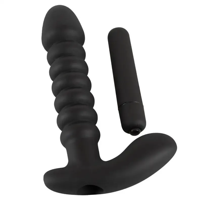 6-inch Black Vibrating Butt Plug with Ribbed Shaft