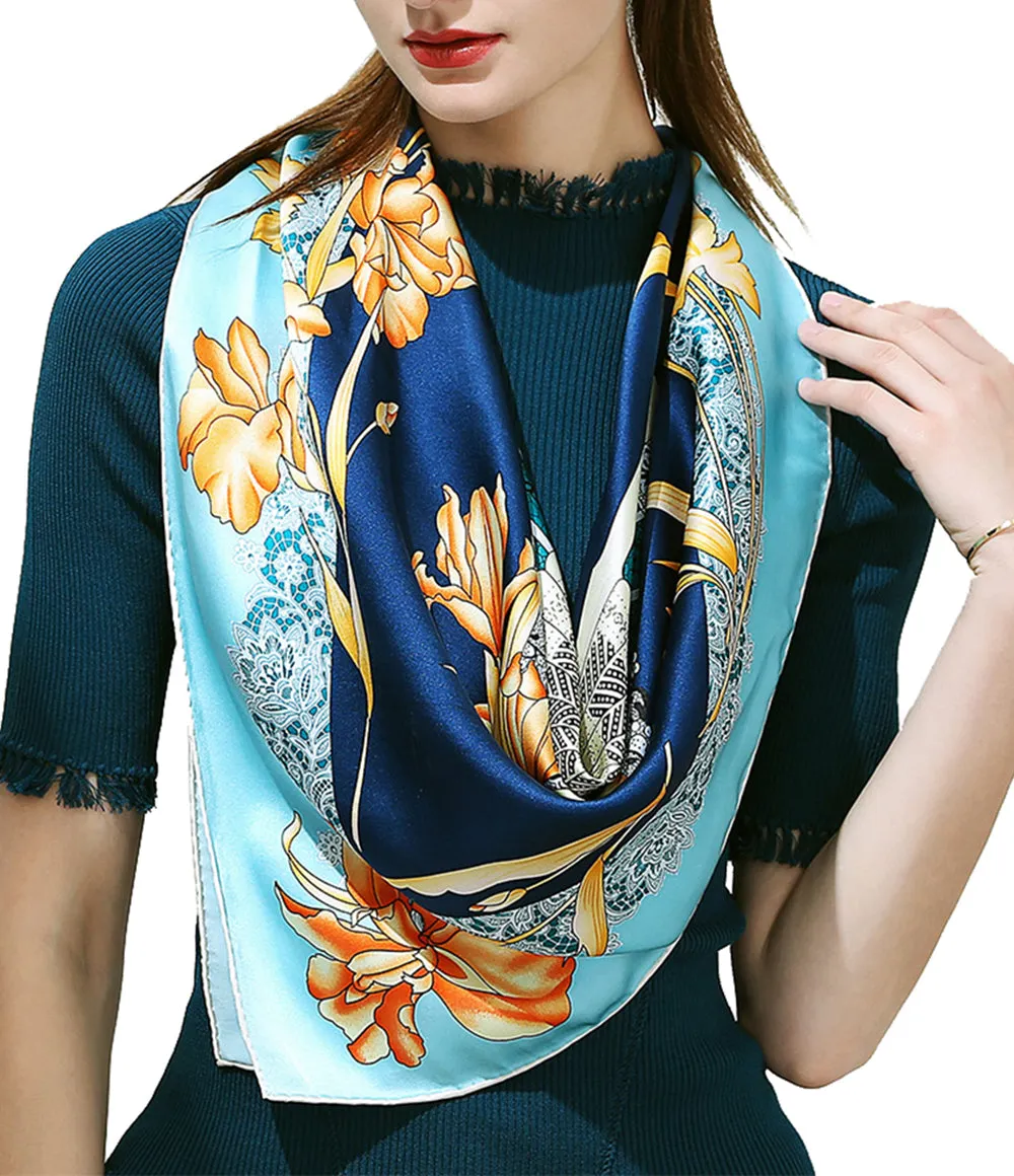 Hand-Rolled Oscar Rossa 100% Silk Scarf, approximate 35"x35" Large Square Printed Silk Charmeuse Scarf