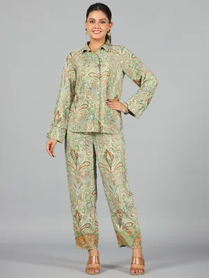 Juniper Women Green Kasturi Silk Printed Co-ord  Set