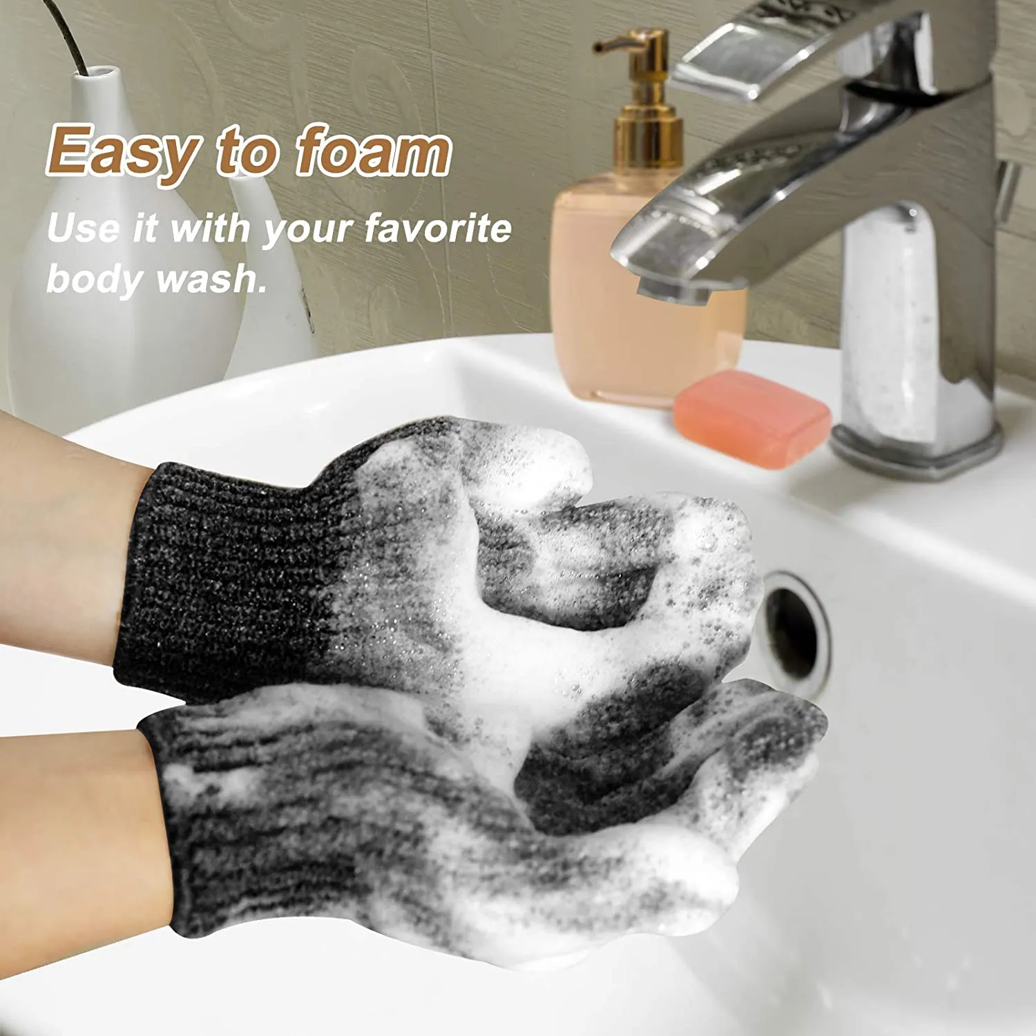 MIG4U Shower Scrub Gloves Exfoliating for Women and Men Medium to Heavy Bathing Remove Dead Skin Body Beauty Sponge Loofah Deep Cleansing Bulk 5 Pairs (1 Pair, Black-Nylon)